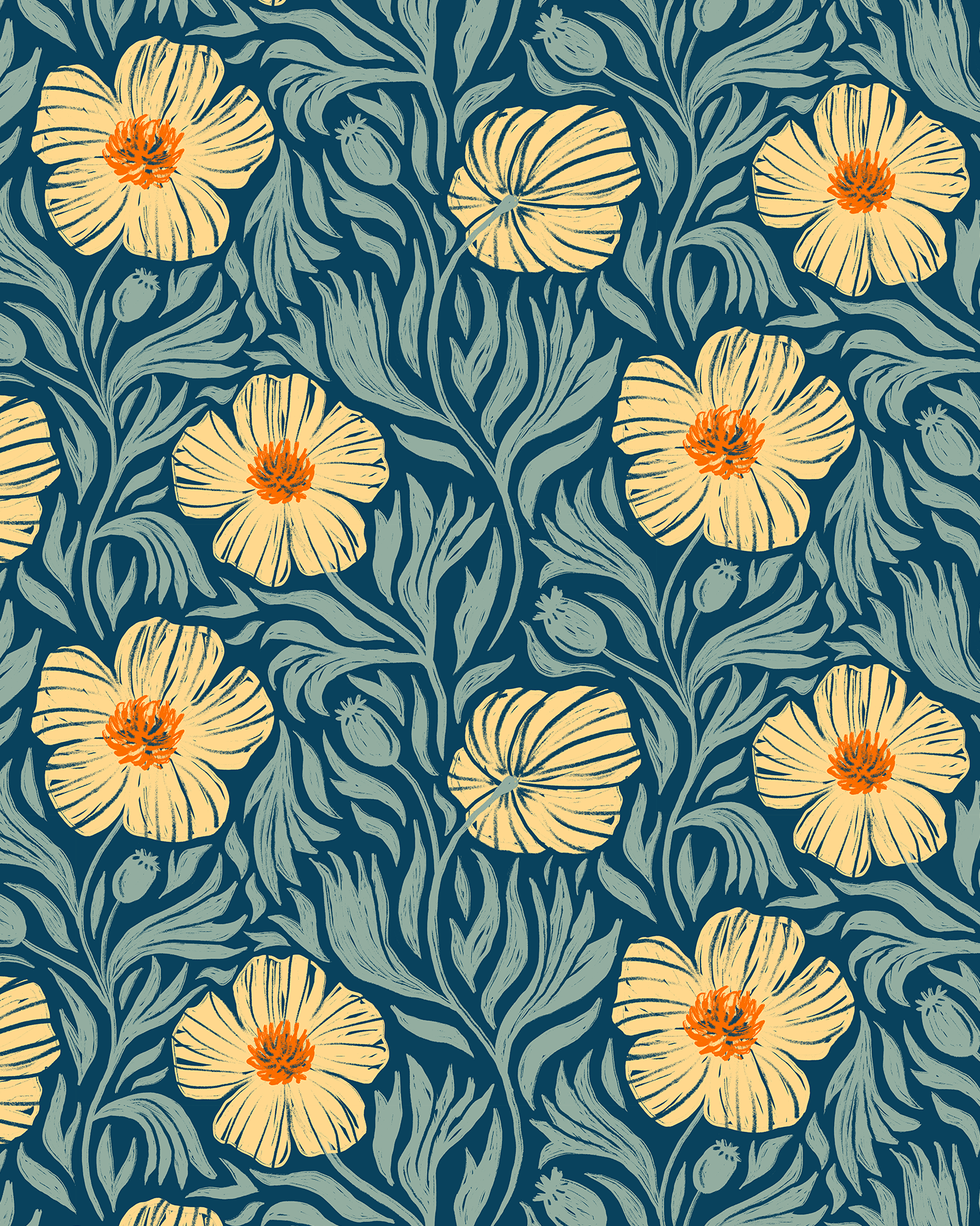 Matilija Wallpaper, navy, orange & mint - mosswell.us