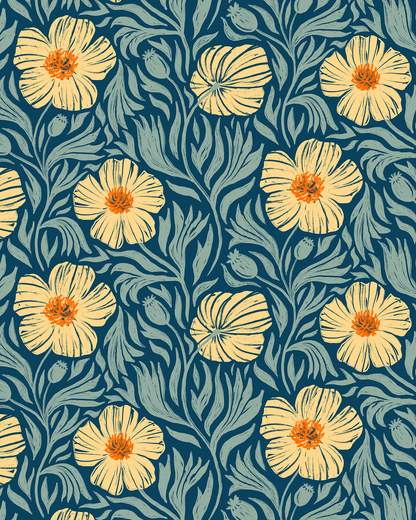 Matilija Wallpaper, navy, orange & mint - mosswell.us