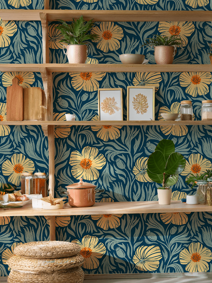 Matilija Wallpaper, navy, orange & mint - mosswell.us