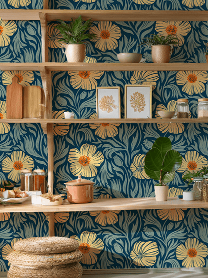 Matilija Wallpaper, navy, orange & mint - mosswell.us