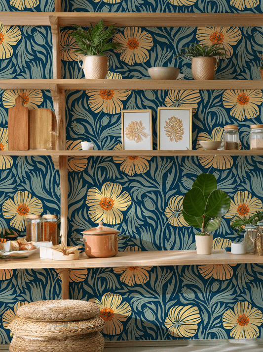 Matilija Wallpaper, navy, orange & mint - mosswell.us