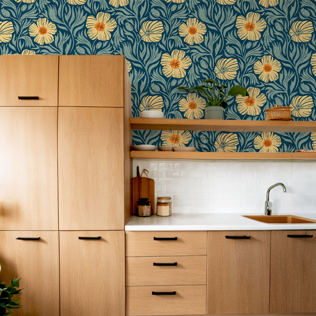 Matilija Wallpaper, navy, orange & mint - mosswell.us