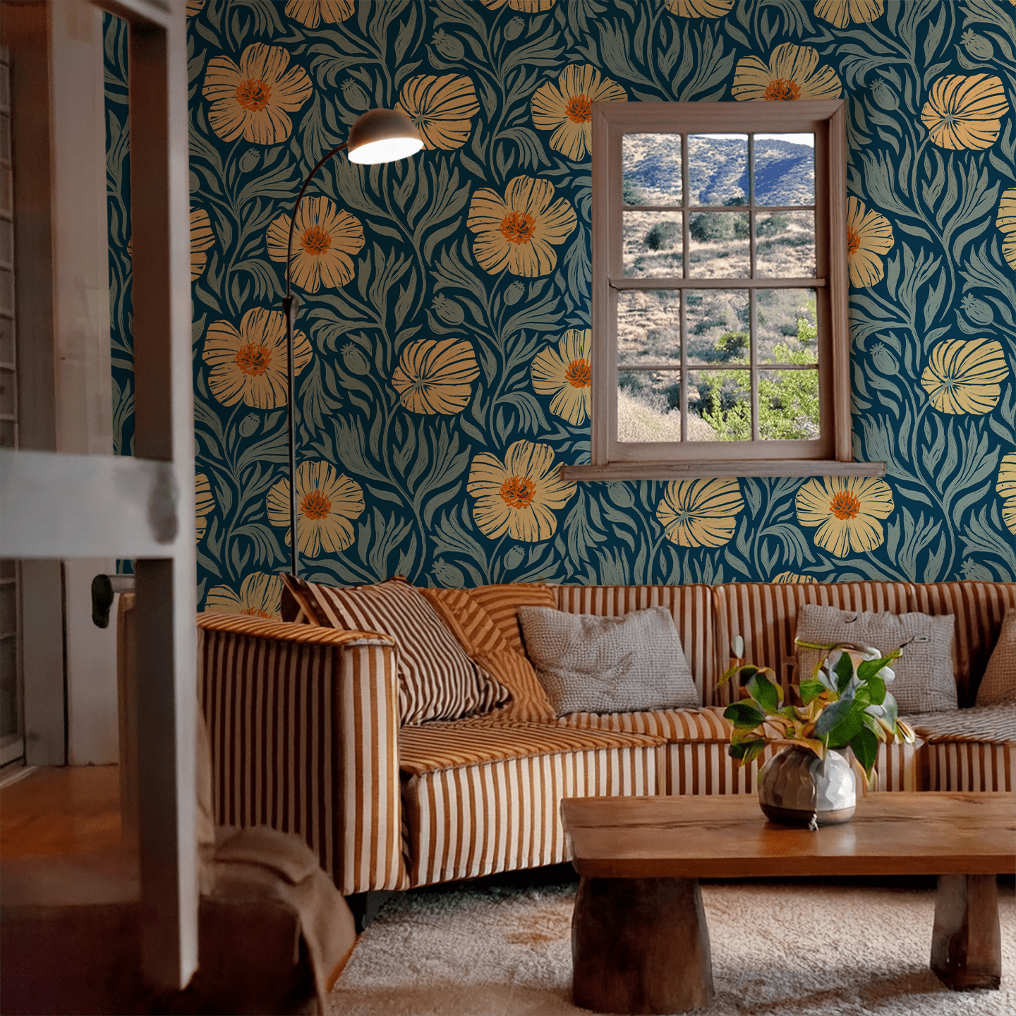Matilija Wallpaper, navy, orange & mint - mosswell.us