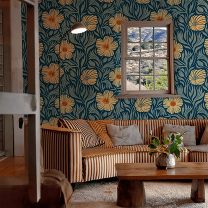 Matilija Wallpaper, navy, orange & mint - mosswell.us