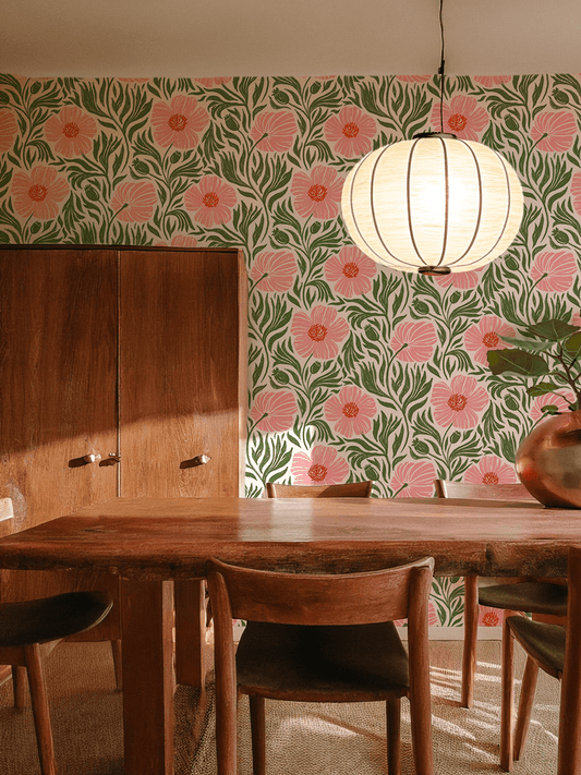 Matilija Wallpaper, white, pink & green - mosswell.us