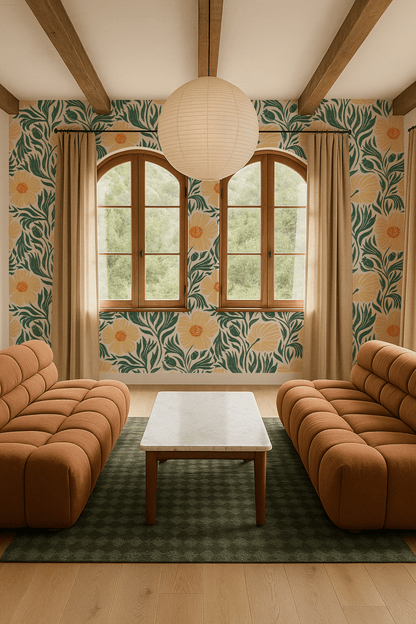 Matilija Wallpaper, white, teal & peach - mosswell.us