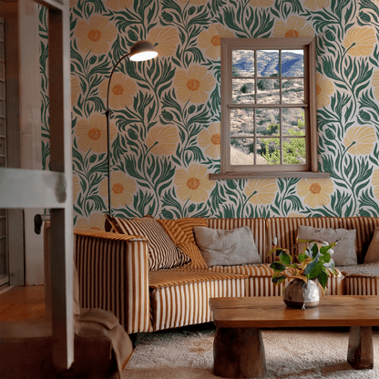 Matilija Wallpaper, white, teal & peach - mosswell.us