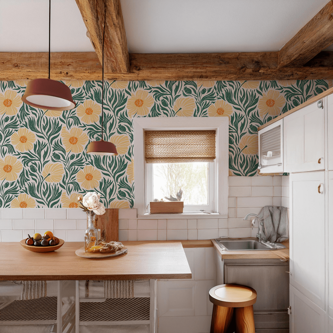 Matilija Wallpaper, white, teal & peach - mosswell.us