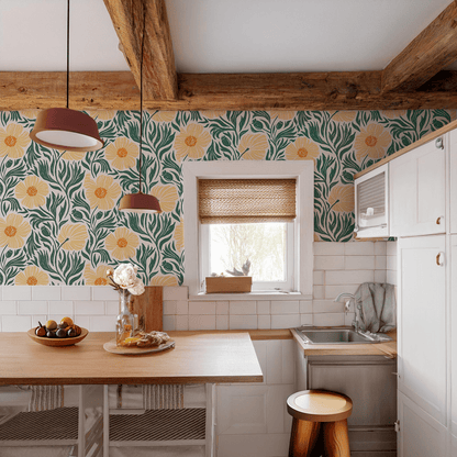 Matilija Wallpaper, white, teal & peach - mosswell.us