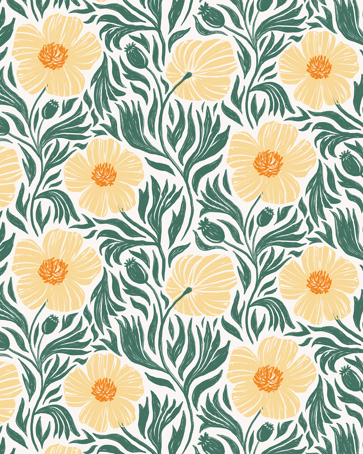 Matilija Wallpaper, white, teal & peach - mosswell.us