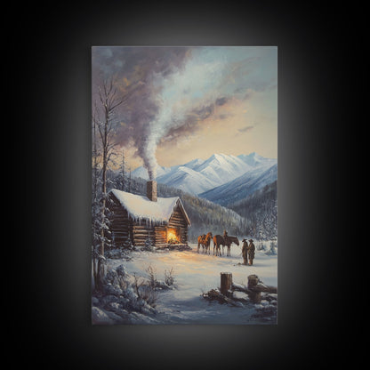 Mountain Cabin In Snow With Horses Framed Canvas Print Wall Art Rustic Winter Decor, Country Christmas Art, Winter Wonderland Scene - mosswell.us