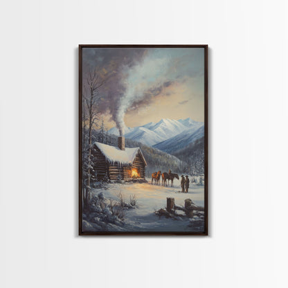 Mountain Cabin In Snow With Horses Framed Canvas Print Wall Art Rustic Winter Decor, Country Christmas Art, Winter Wonderland Scene - mosswell.us