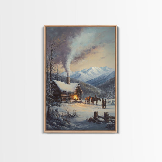 Mountain Cabin In Snow With Horses Framed Canvas Print Wall Art Rustic Winter Decor, Country Christmas Art, Winter Wonderland Scene - mosswell.us