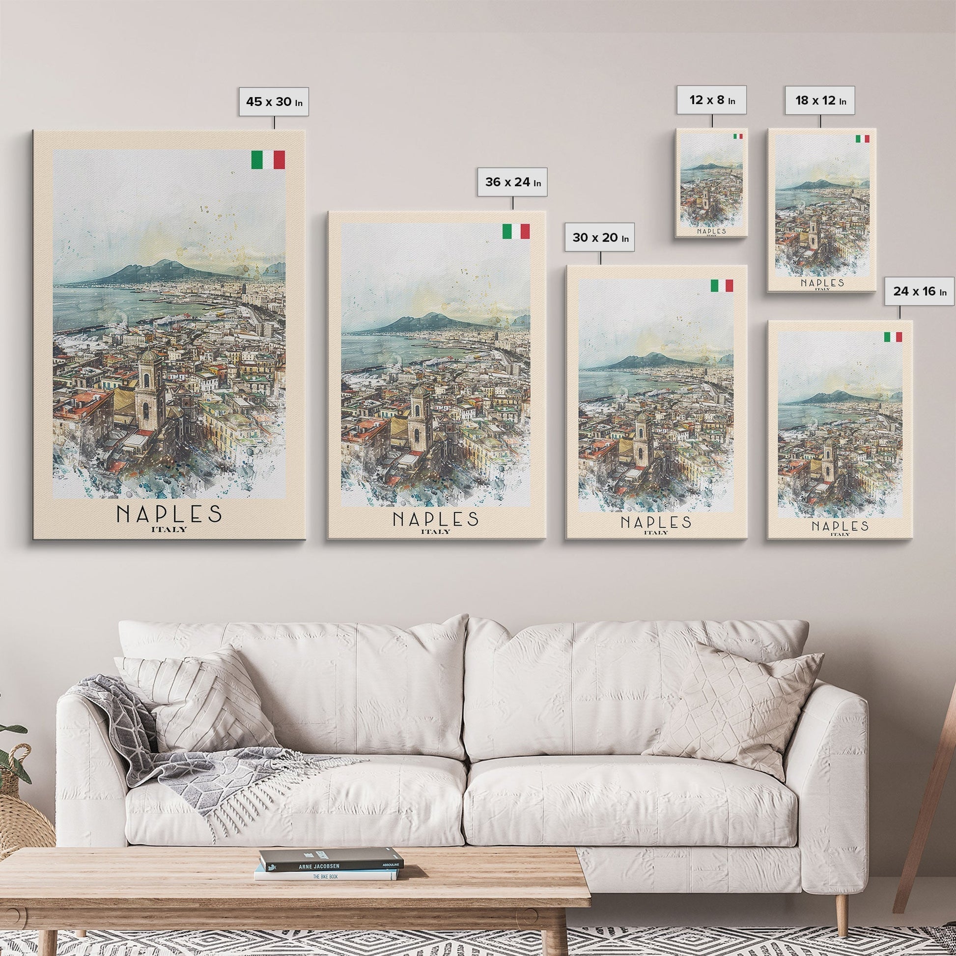 Naples Italy Framed Canvas Print, Scenic Travel Poster, Watercolor Painting, Coastal Wall Art, Home Decor, Vacation Art, Unique Art - mosswell.us