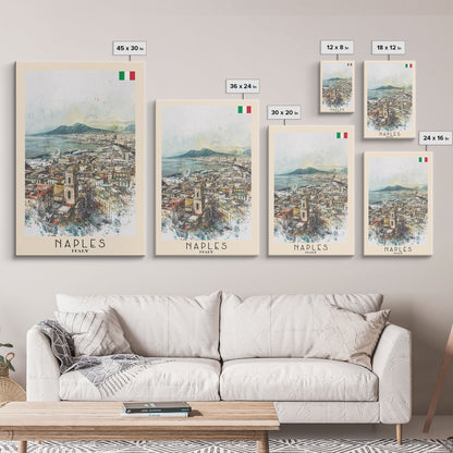 Naples Italy Framed Canvas Print, Scenic Travel Poster, Watercolor Painting, Coastal Wall Art, Home Decor, Vacation Art, Unique Art - mosswell.us