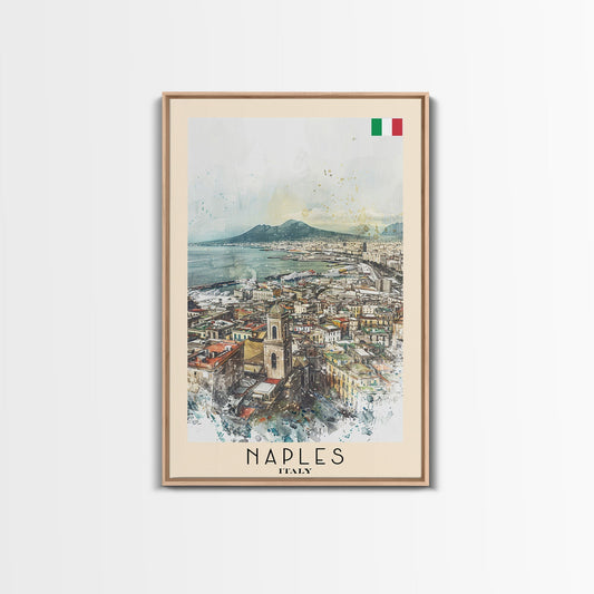 Naples Italy Framed Canvas Print, Scenic Travel Poster, Watercolor Painting, Coastal Wall Art, Home Decor, Vacation Art, Unique Art - mosswell.us