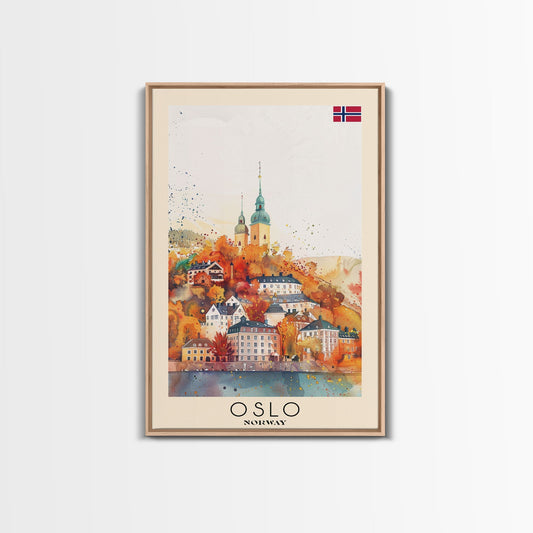 Oslo Norway Travel Poster Framed Canvas Print, Watercolor Painting, Scenic Wall Art, Home Decor, Norwegian Cityscape, Modern Decor - mosswell.us