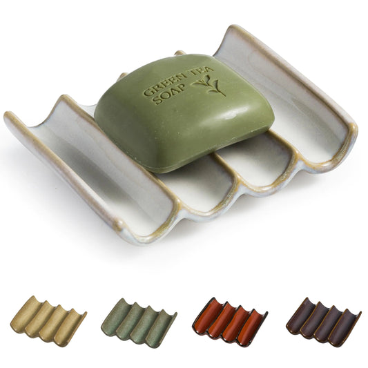 Cormomu Soap Dish with Self Drain Fluted Design Bar Soap Holder for Bathroom Japanese Soap Tray for Shower Bathroom and Kitchen Sink Organizer Ceramic Soap Saver Lift Soap Keep Dry White