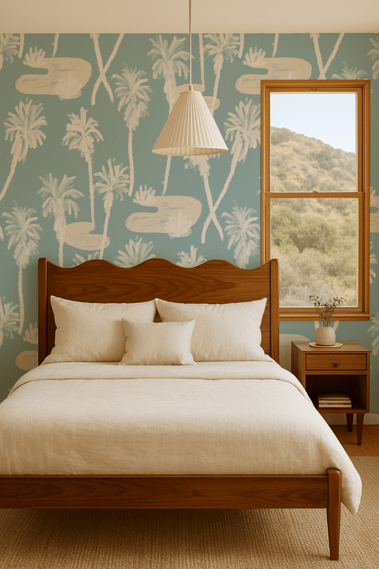 Palm Oasis Wallpaper, blue and white - mosswell.us