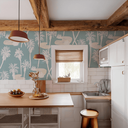 Palm Oasis Wallpaper, blue and white - mosswell.us
