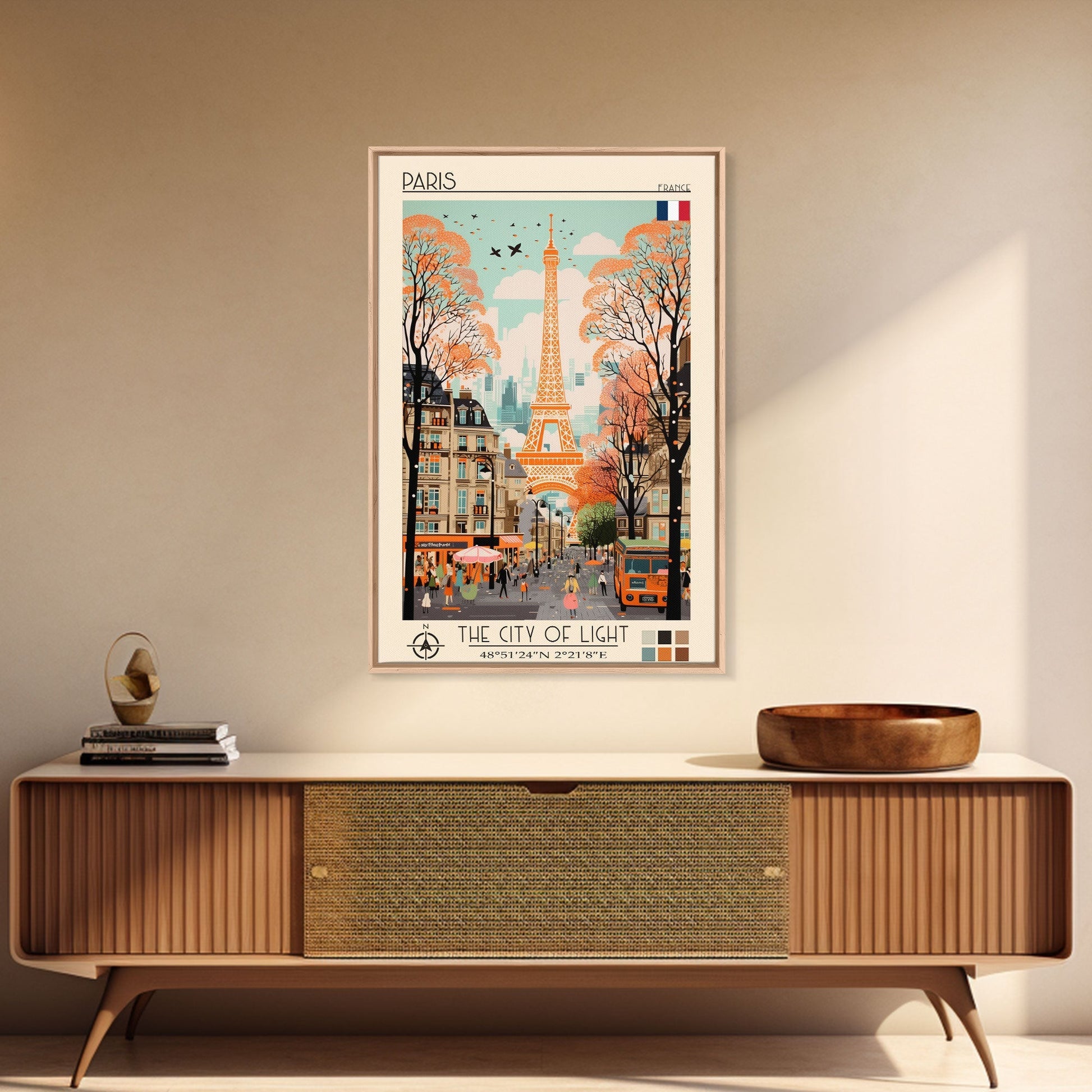 Paris France Travel Poster Framed Canvas Print, Midcentury Modern Art, Pop Art Wall Decor, Scenic Wall Art, Living Room Decoration, Office Gift - mosswell.us