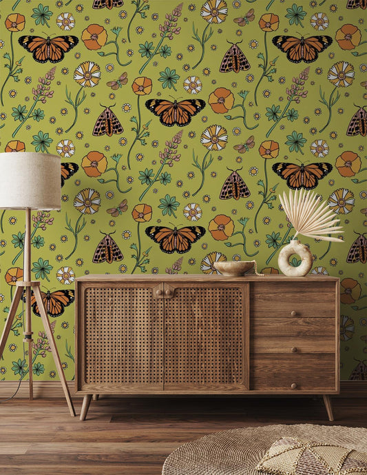 Poppy Please Wallpaper, chartreuse & black - mosswell.us