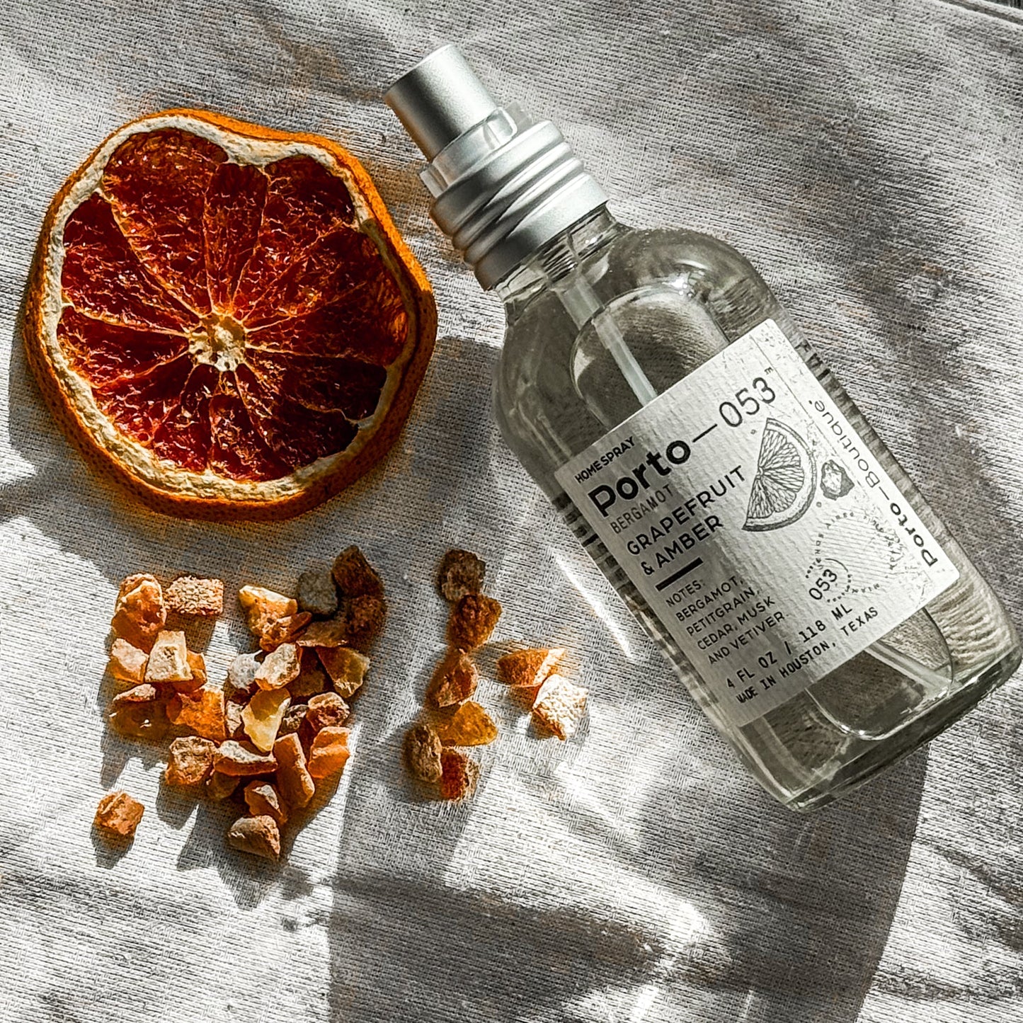 Porto - 053 Room Spray – Linen & Fabric Freshener – High Fragrance Concentration – Vegan & Handmade in USA – 4 oz Clear Glass Bottle with decorative box - mosswell.us
