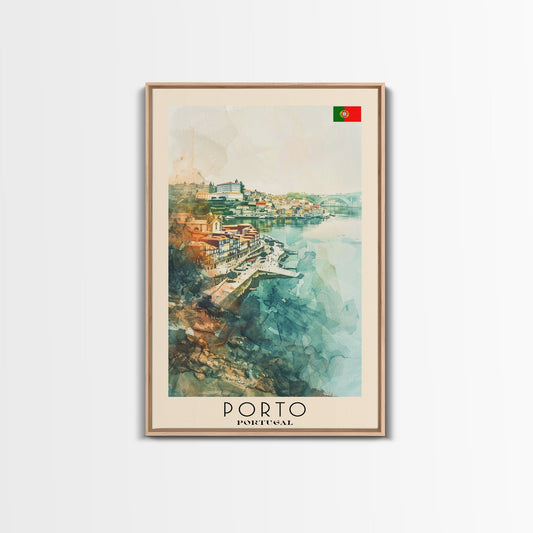 Porto Portugal Travel Poster Framed Canvas Print, Watercolor Painting, Coastal Wall Art, Home Decor, Portuguese Seaside, Vibrant Art - mosswell.us