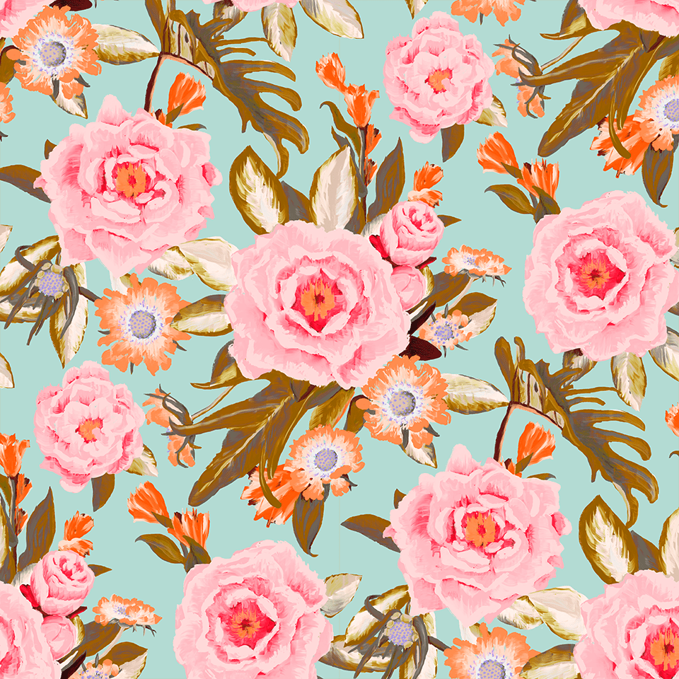 Posh Posy Wallpaper, light blue - mosswell.us