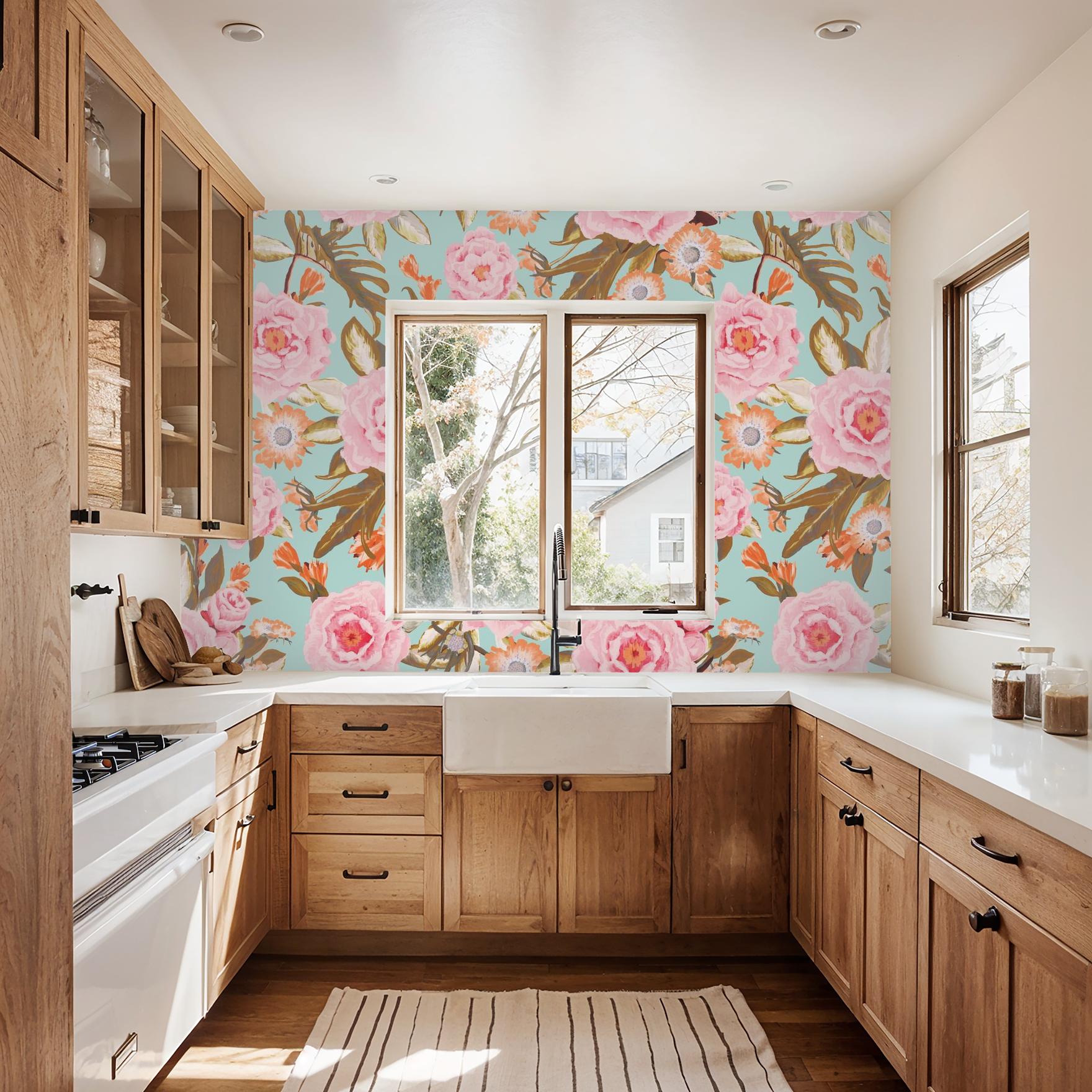 Posh Posy Wallpaper, light blue - mosswell.us
