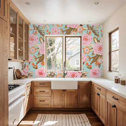 Posh Posy Wallpaper, light blue - mosswell.us