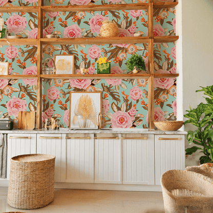 Posh Posy Wallpaper, light blue - mosswell.us