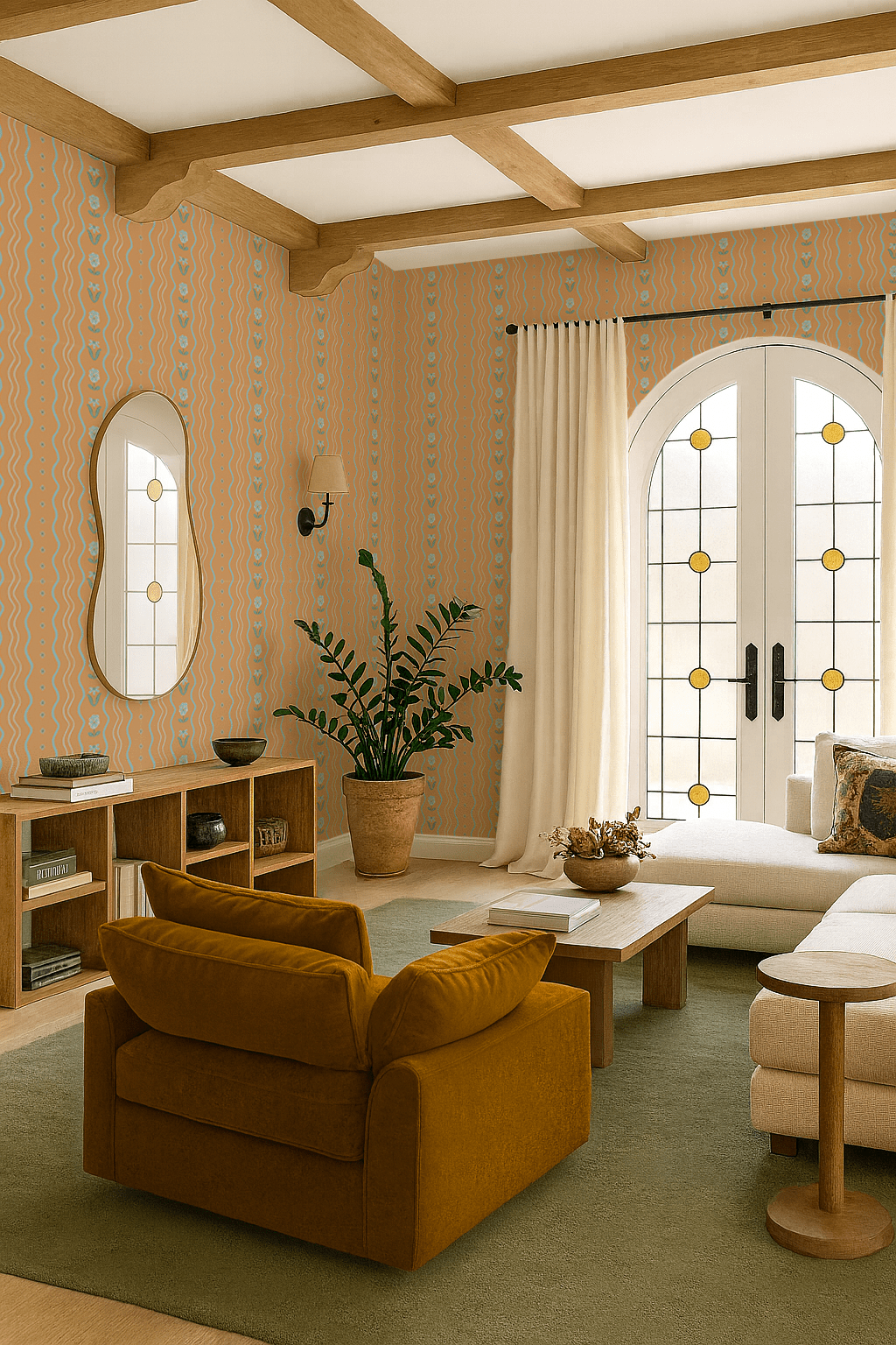 Posy Lane Stripe Wallpaper, apricot and light blue - mosswell.us