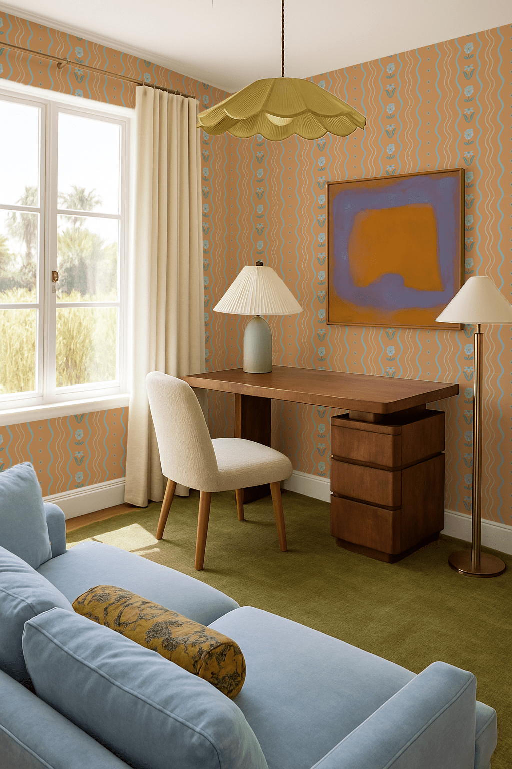 Posy Lane Stripe Wallpaper, apricot and light blue - mosswell.us