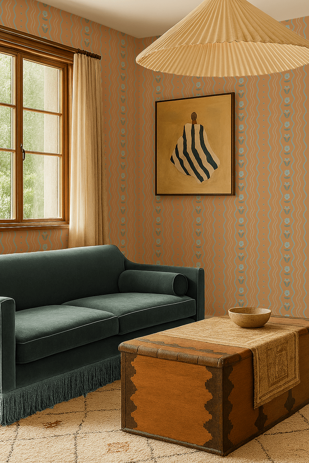 Posy Lane Stripe Wallpaper, apricot and light blue - mosswell.us