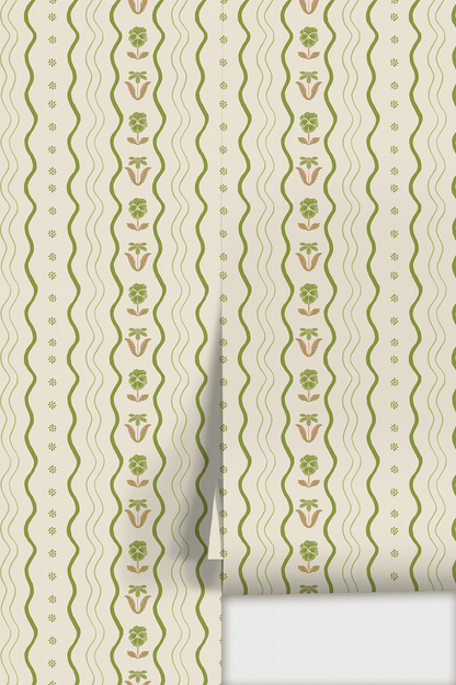 Posy Lane Stripe Wallpaper, beige and green - mosswell.us