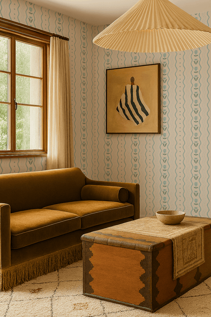 Posy Lane Stripe Wallpaper, beige and light blue - mosswell.us