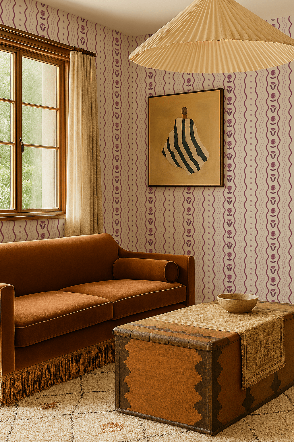 Posy Lane Stripe Wallpaper, beige and plum purple - mosswell.us