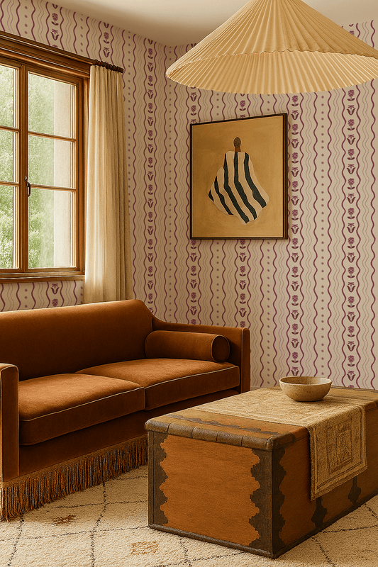 Posy Lane Stripe Wallpaper, beige and plum purple - mosswell.us
