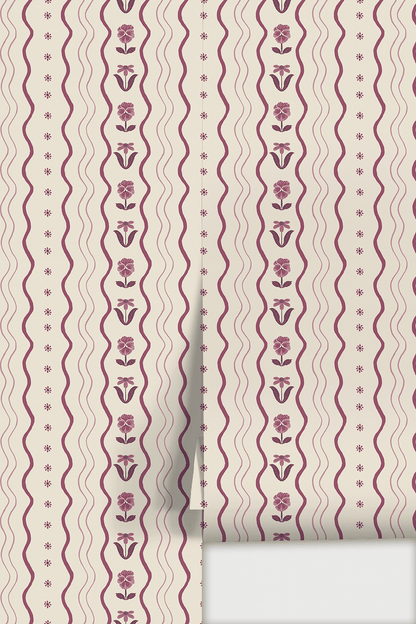 Posy Lane Stripe Wallpaper, beige and plum purple - mosswell.us