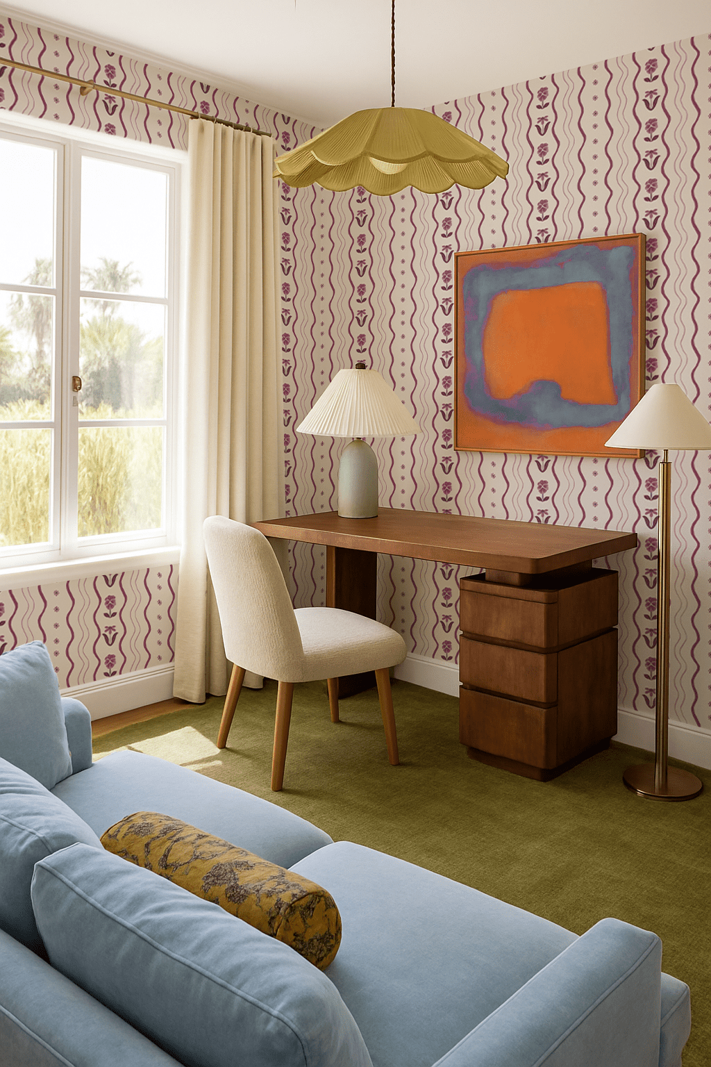 Posy Lane Stripe Wallpaper, beige and plum purple - mosswell.us