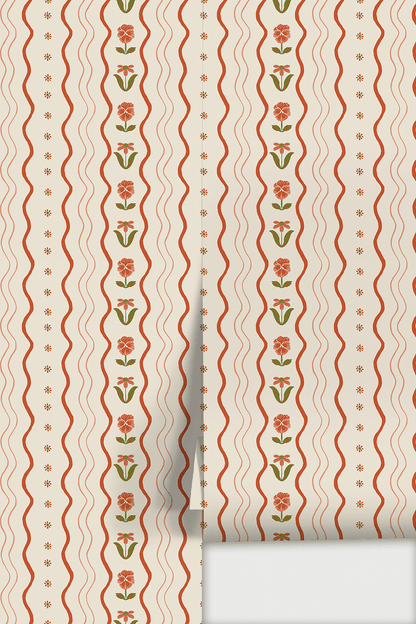Posy Lane Stripe Wallpaper, beige and poppy red - mosswell.us
