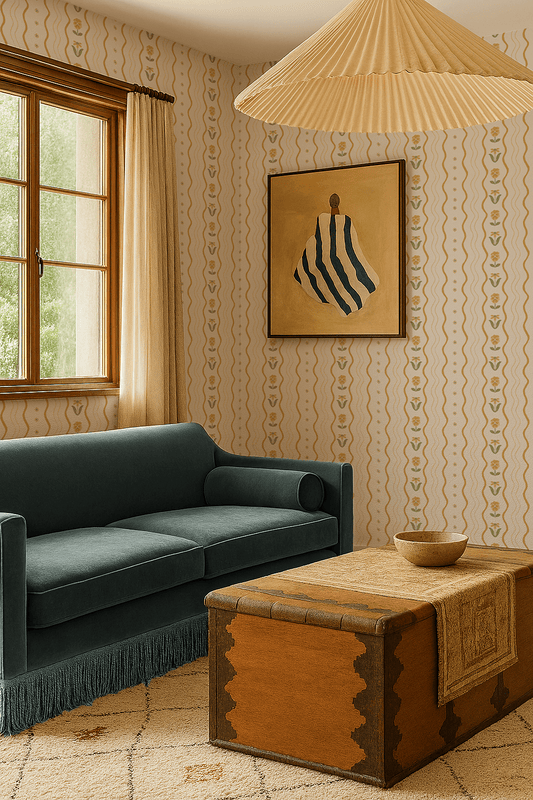 Posy Lane Stripe Wallpaper, beige and yellow - mosswell.us