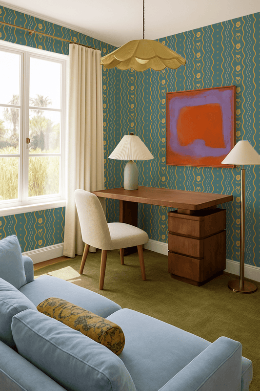 Posy Lane Stripe Wallpaper, blue and yellow - mosswell.us