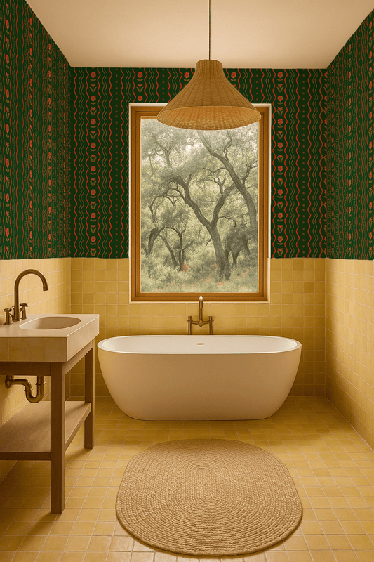 Posy Lane Stripe Wallpaper, dark green and poppy red - mosswell.us