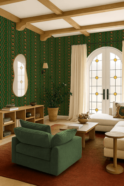 Posy Lane Stripe Wallpaper, dark green and poppy red - mosswell.us