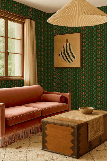 Posy Lane Stripe Wallpaper, dark green and poppy red - mosswell.us