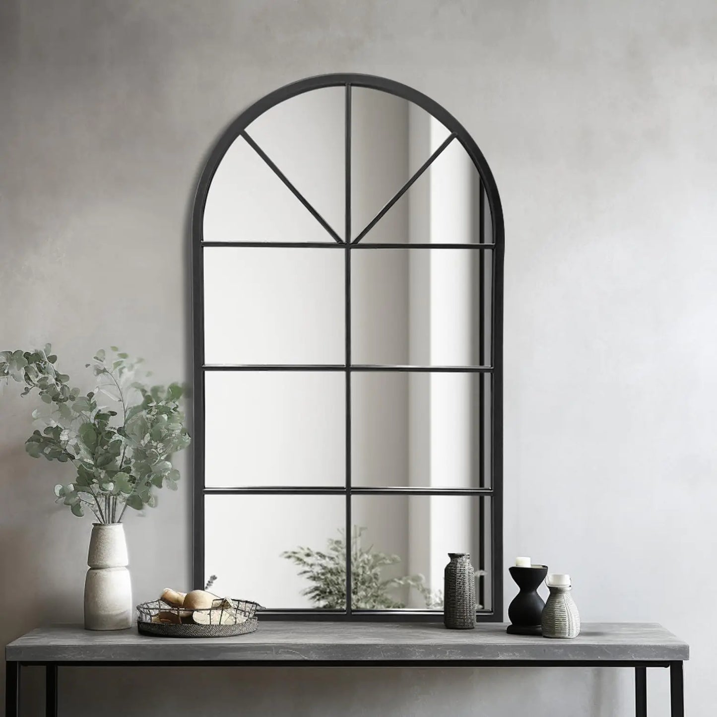 Dewfig Arch Wall Mirror Mounted Decorative 42"x24" Arched Window Frame Decor Wall-Mounted for Bathroom Vanity Living Room or Bedroom Black Decorative Windowpane