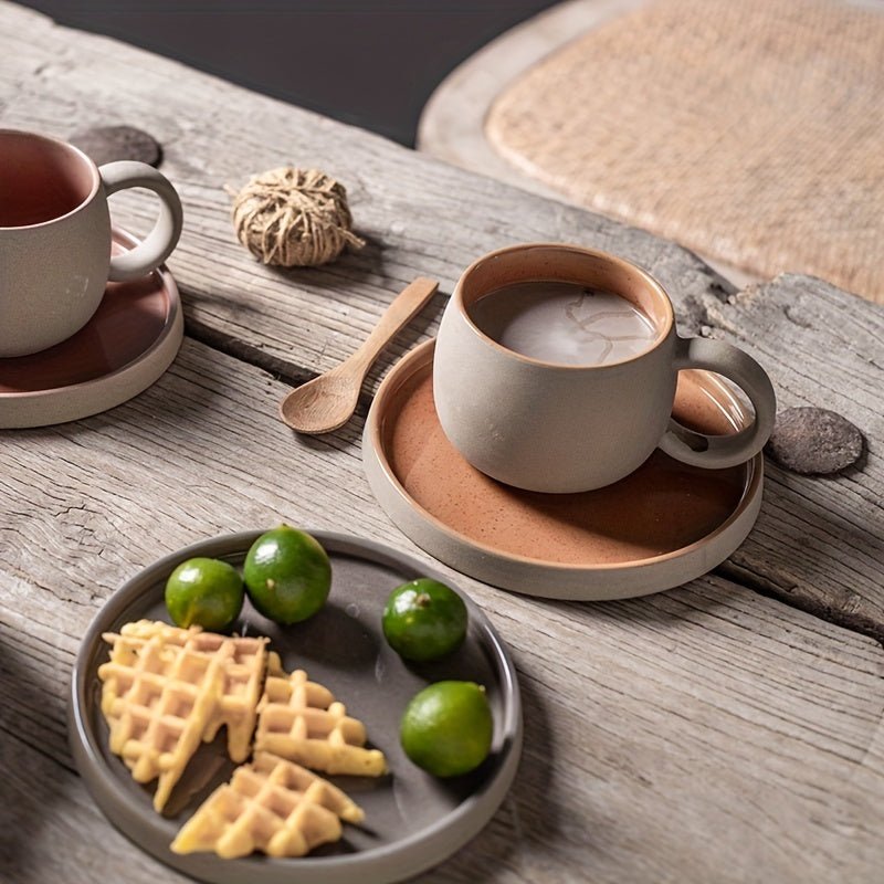 Retro Colorblock Insulated Ceramic Coffee Mug and Saucer Set - mosswell.us