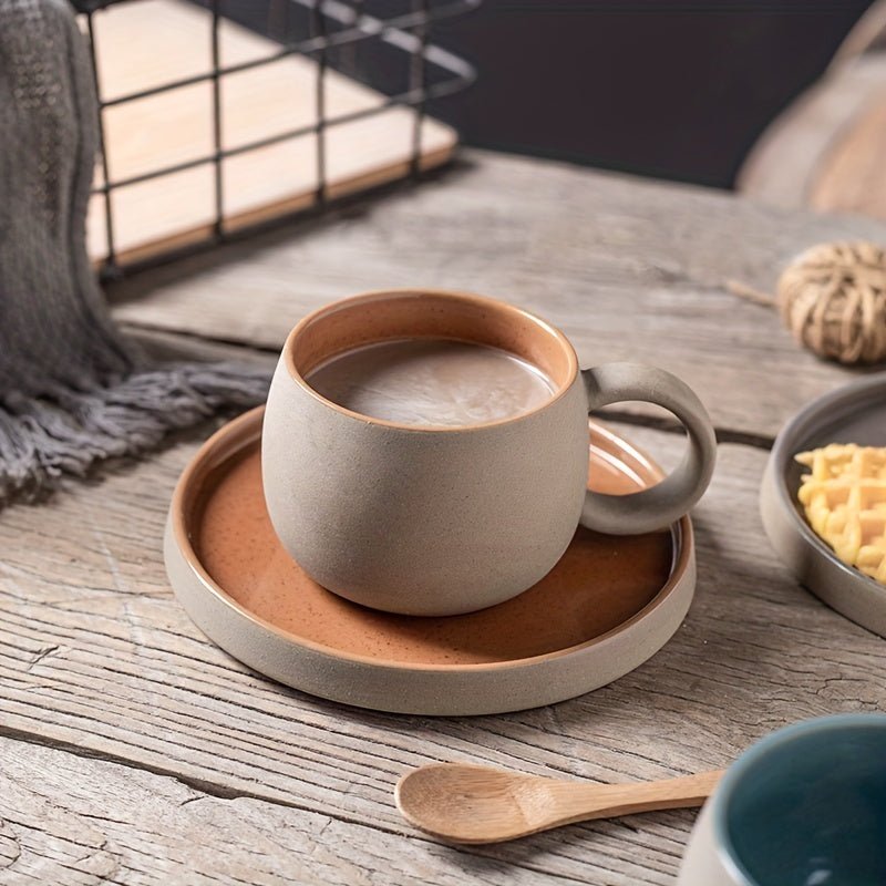 Retro Colorblock Insulated Ceramic Coffee Mug and Saucer Set - mosswell.us